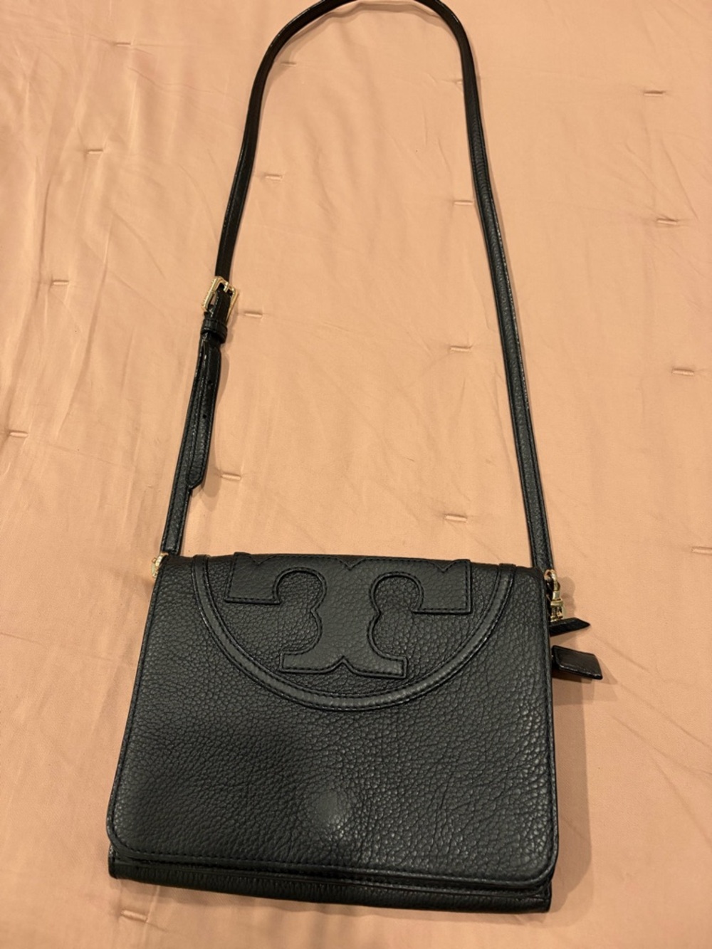 Tory Burch Bombe Reva (or Miller-style) crossbody/clutch in pebbled leather.